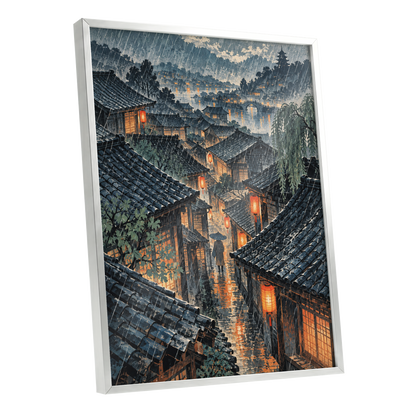 Lanterns in the Rain, blue, gray, orange abstract wall art shown as a silver framed poster wall art print