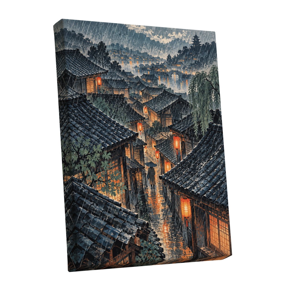 Lanterns in the Rain, blue, gray, orange abstract wall art shown as a stretched canvas wall art
