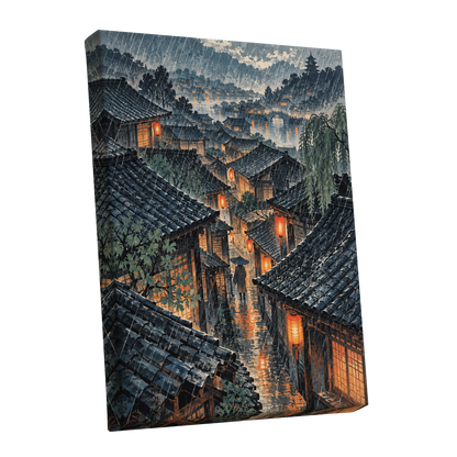 Lanterns in the Rain, blue, gray, orange abstract wall art shown as a stretched canvas wall art