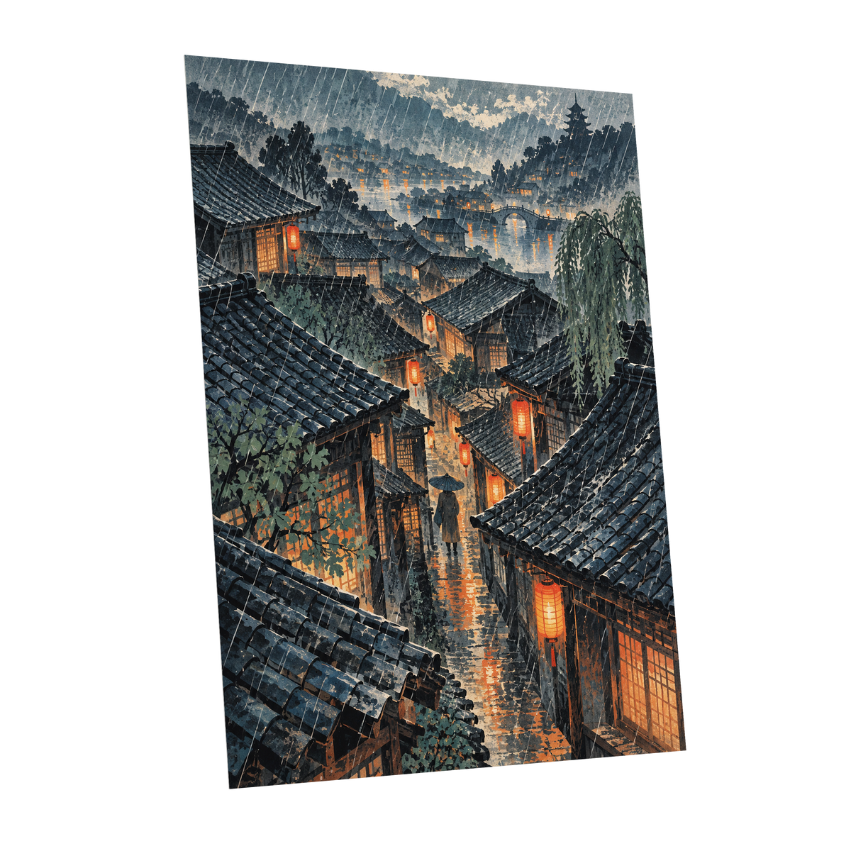 Lanterns in the Rain, blue, gray, orange abstract wall art shown as a unframed poster wall art print