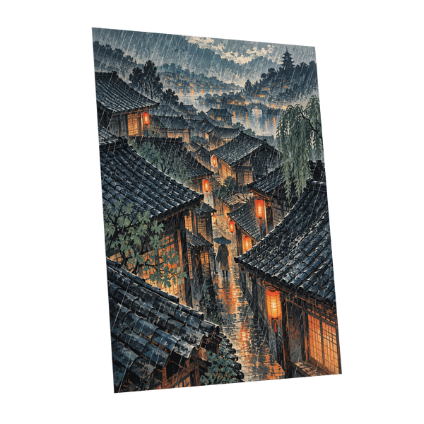 Lanterns in the Rain, blue, gray, orange abstract wall art shown as a unframed poster wall art print