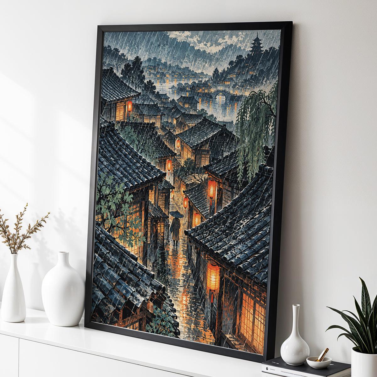 Lanterns in the Rain, blue, gray, orange abstract wall art displayed in a styled interior, gallery view 2
