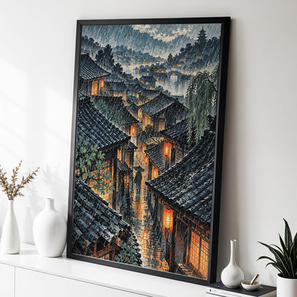 Lanterns in the Rain, blue, gray, orange abstract wall art displayed in a styled interior, gallery view 2