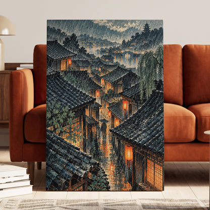 Lanterns in the Rain, blue, gray, orange abstract wall art displayed in a styled interior, gallery view 3