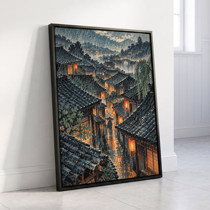 Lanterns in the Rain, blue, gray, orange abstract wall art displayed in a styled interior, gallery view 4