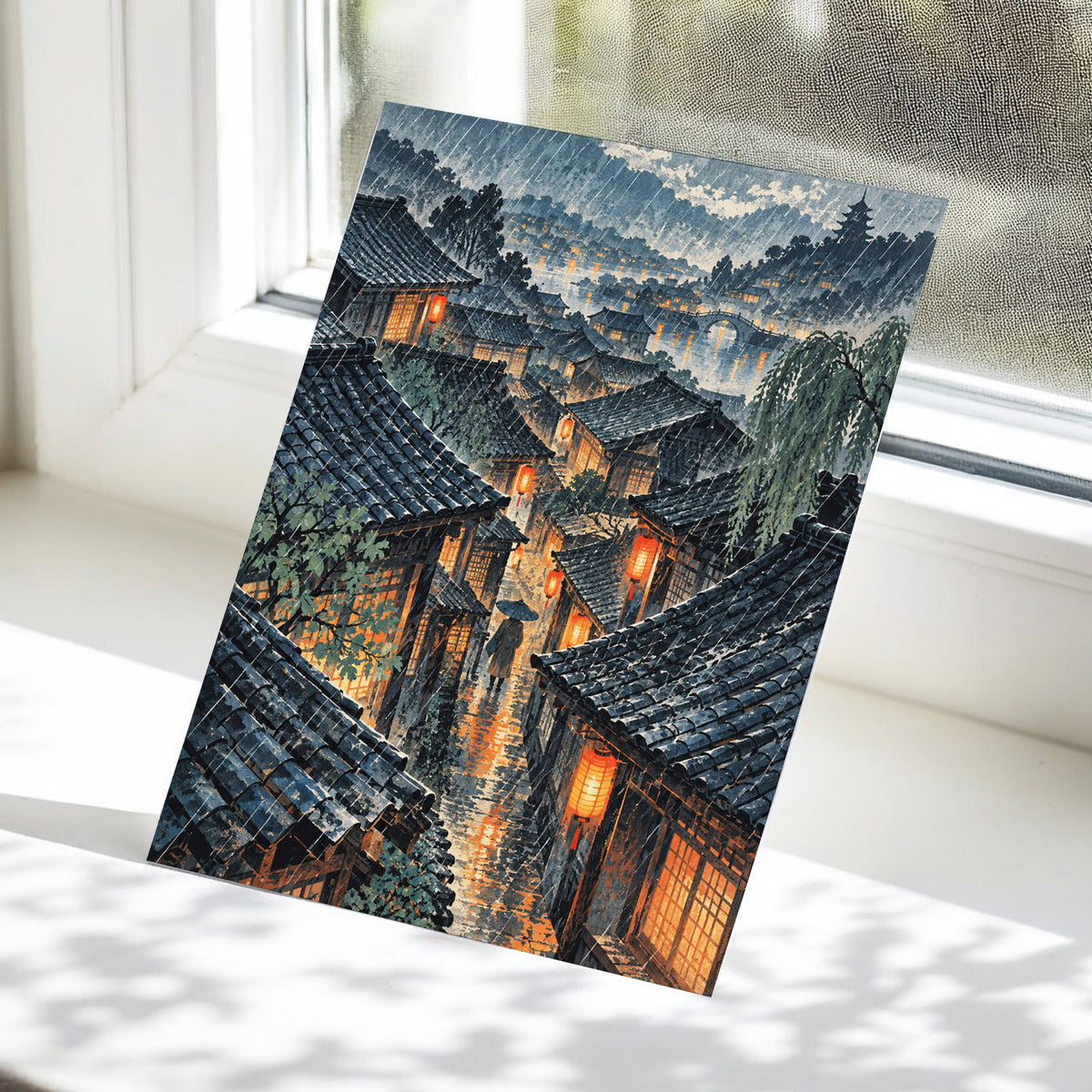 Lanterns in the Rain, blue, gray, orange abstract wall art displayed in a styled interior, gallery view 5
