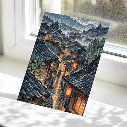 Lanterns in the Rain, blue, gray, orange abstract wall art displayed in a styled interior, gallery view 5