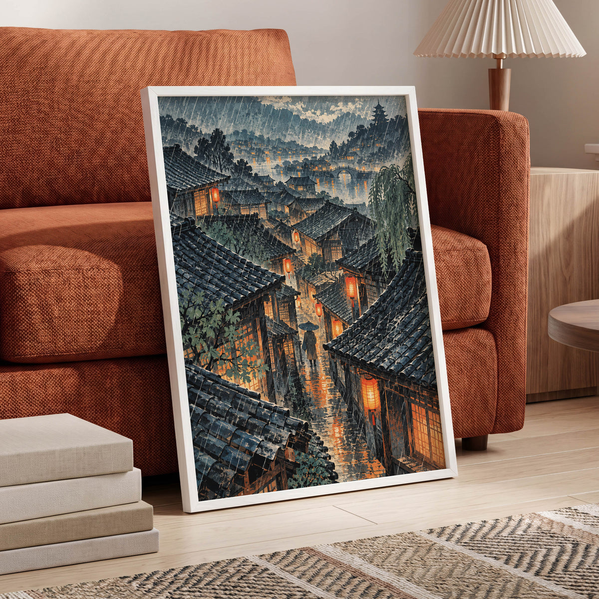Lanterns in the Rain, blue, gray, orange abstract wall art displayed in a styled interior, gallery view 6
