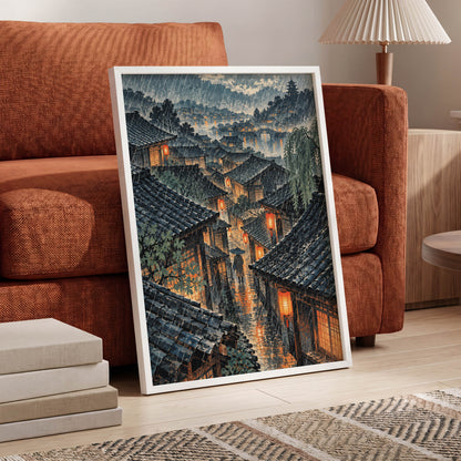 Lanterns in the Rain, blue, gray, orange abstract wall art displayed in a styled interior, gallery view 6
