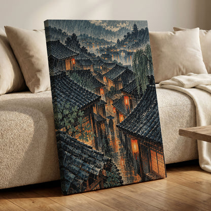 Lanterns in the Rain, blue, gray, orange abstract wall art displayed in a styled interior, gallery view 7