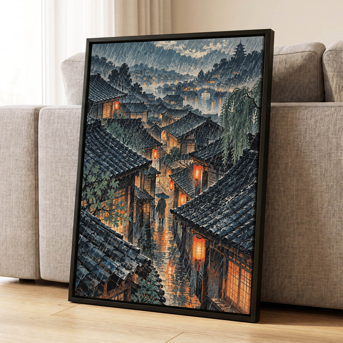 Lanterns in the Rain, blue, gray, orange abstract wall art displayed in a styled interior, gallery view 8