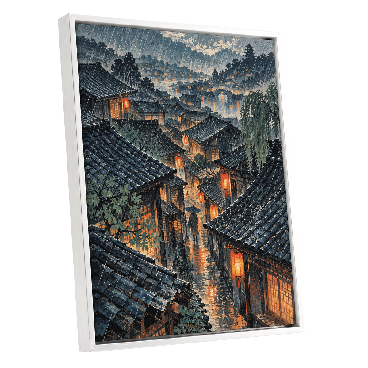Lanterns in the Rain, blue, gray, orange abstract wall art shown as a white framed canvas wall art