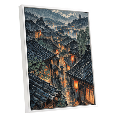 Lanterns in the Rain, blue, gray, orange abstract wall art shown as a white framed canvas wall art