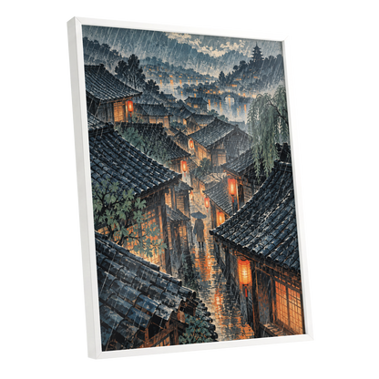 Lanterns in the Rain, blue, gray, orange abstract wall art shown as a white framed poster wall art print