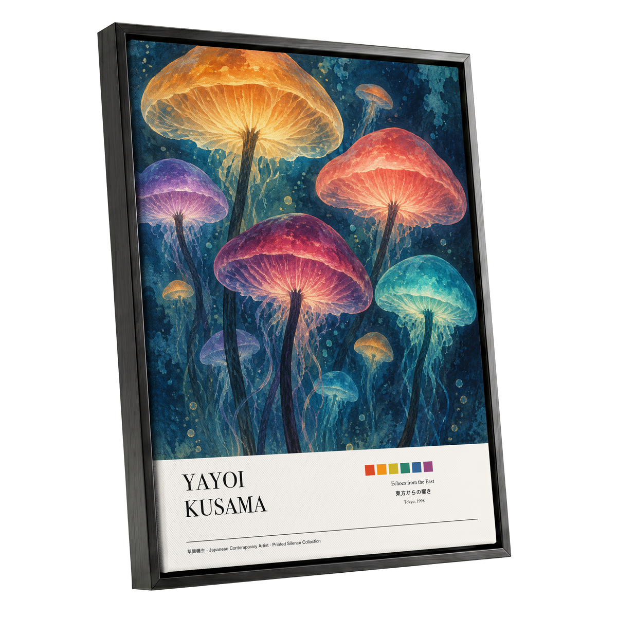Lanterns of the Undergrowth, blue, orange, pink nature wall art shown as a black framed canvas wall art