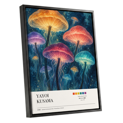 Lanterns of the Undergrowth, blue, orange, pink nature wall art shown as a black framed canvas wall art