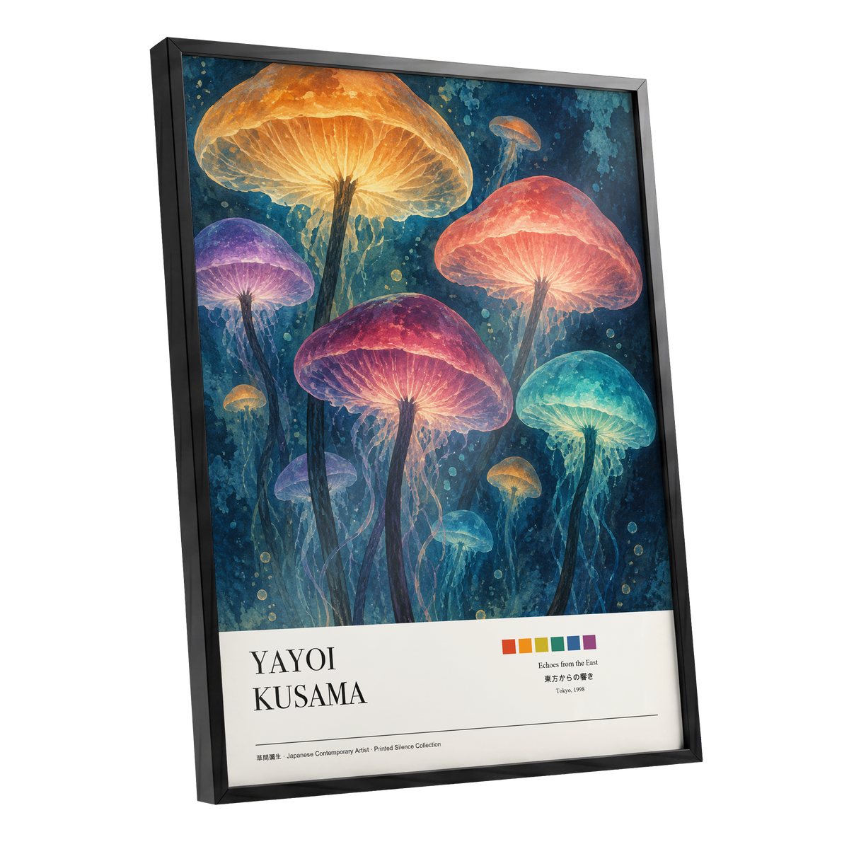 Lanterns of the Undergrowth, blue, orange, pink nature wall art shown as a black framed poster wall art print