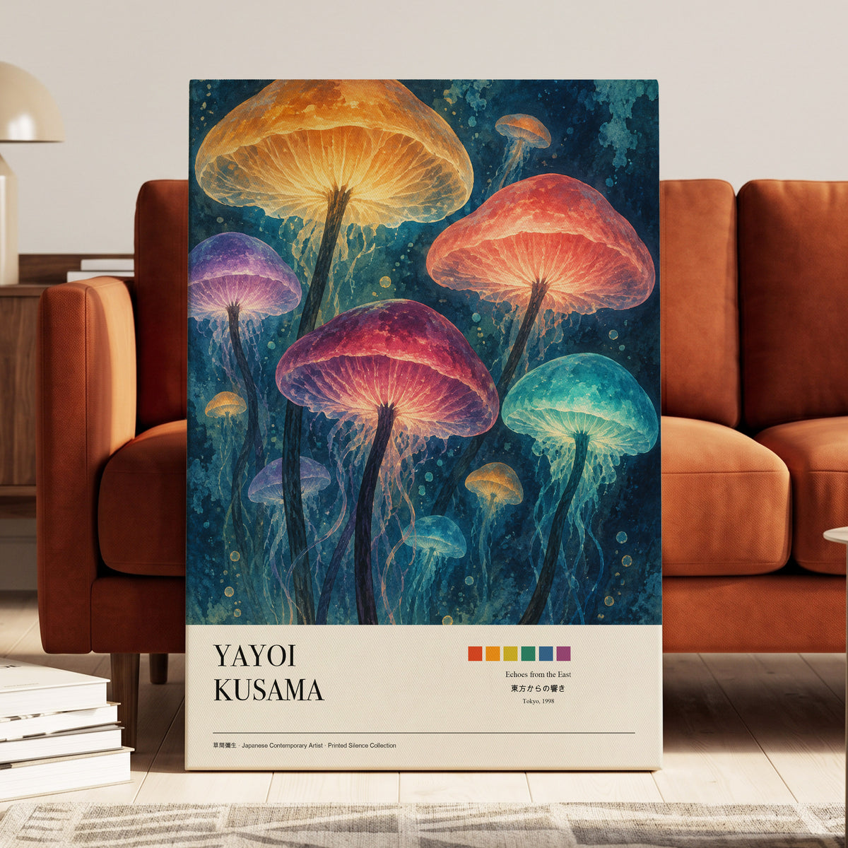 Lanterns of the Undergrowth, blue, orange, pink nature wall art on canvas displayed in a styled interior, gallery view 1