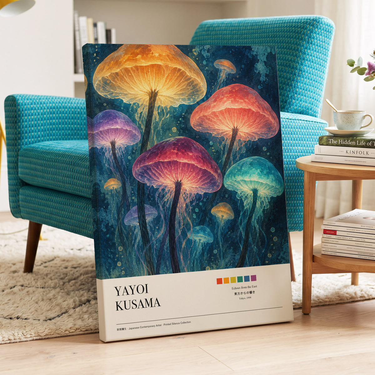 Lanterns of the Undergrowth, blue, orange, pink nature wall art on canvas displayed in a styled interior, gallery view 2