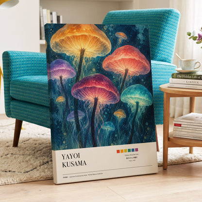 Lanterns of the Undergrowth, blue, orange, pink nature wall art on canvas displayed in a styled interior, gallery view 2