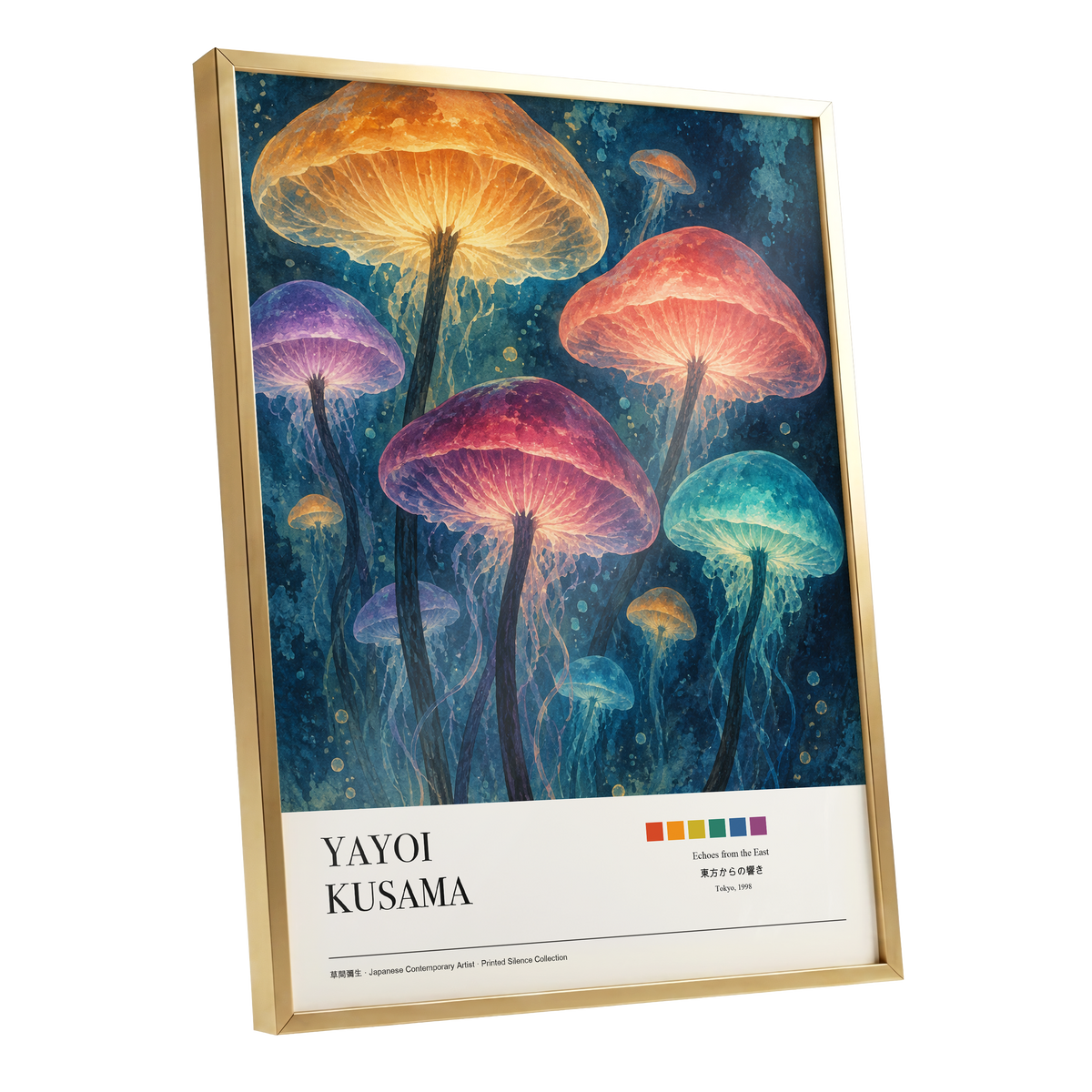 Lanterns of the Undergrowth, blue, orange, pink nature wall art shown as a gold framed poster wall art print
