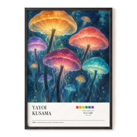 Lanterns of the Undergrowth, blue, orange, pink nature wall art, front artwork view