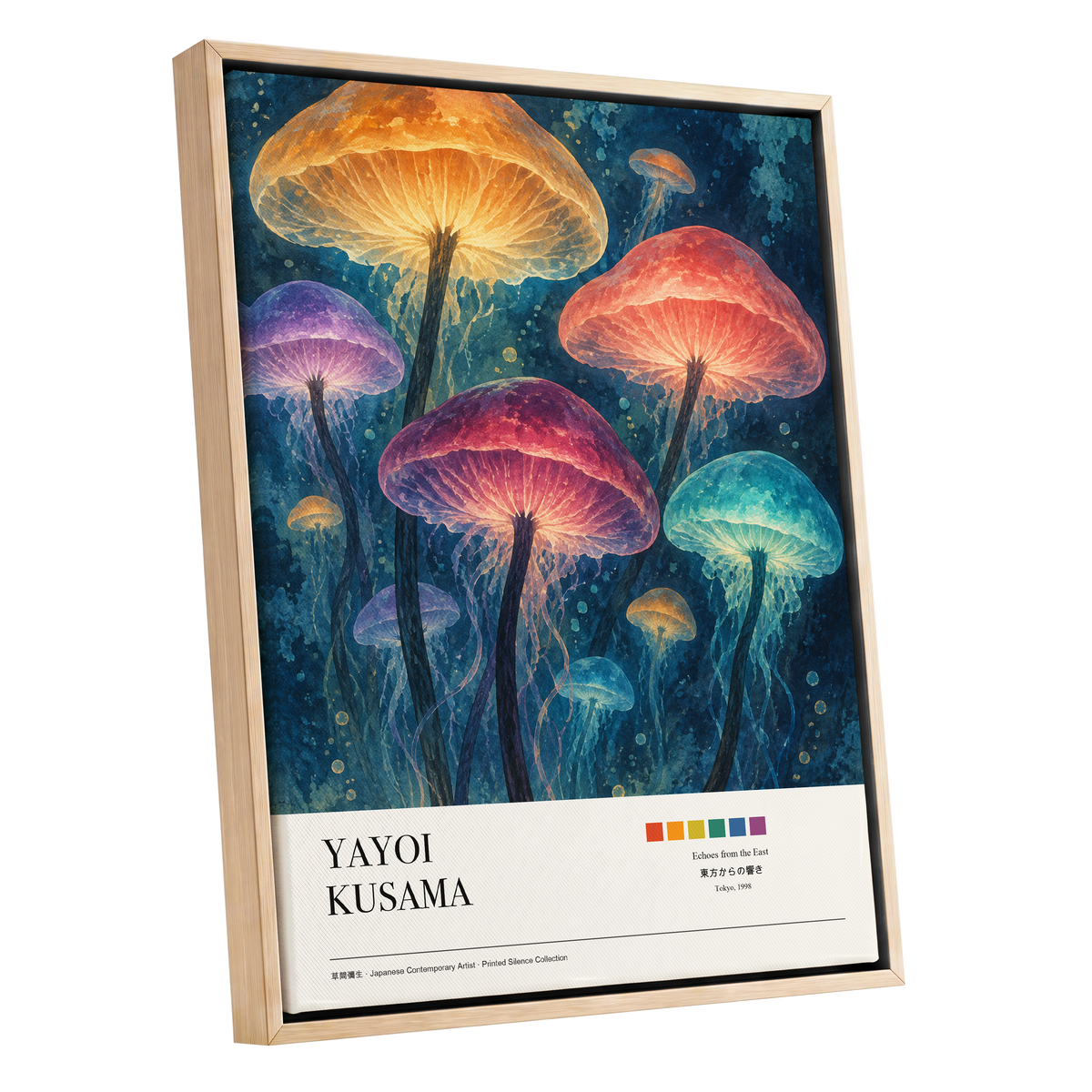 Lanterns of the Undergrowth, blue, orange, pink nature wall art shown as a oak framed canvas wall art