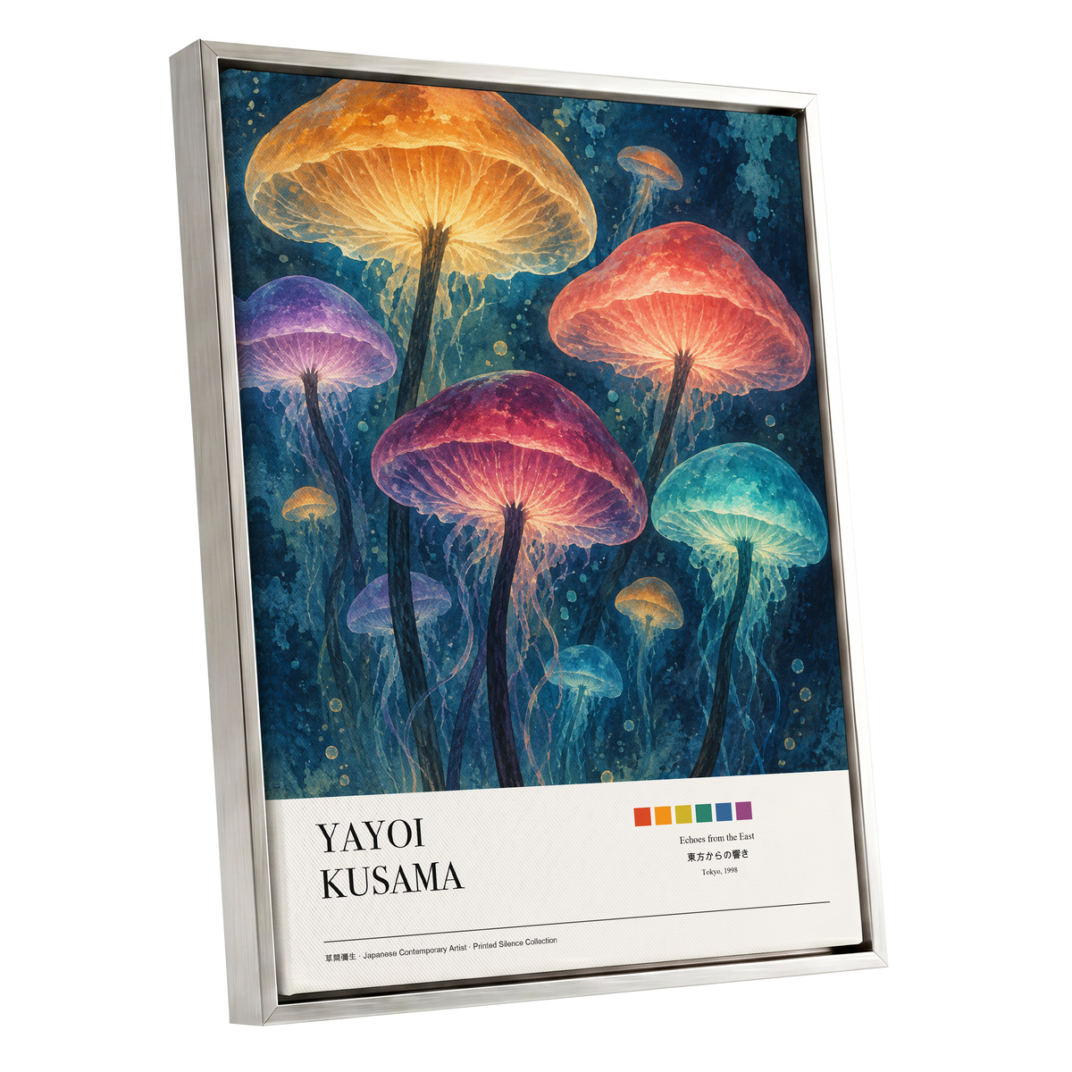 Lanterns of the Undergrowth, blue, orange, pink nature wall art shown as a silver framed canvas wall art