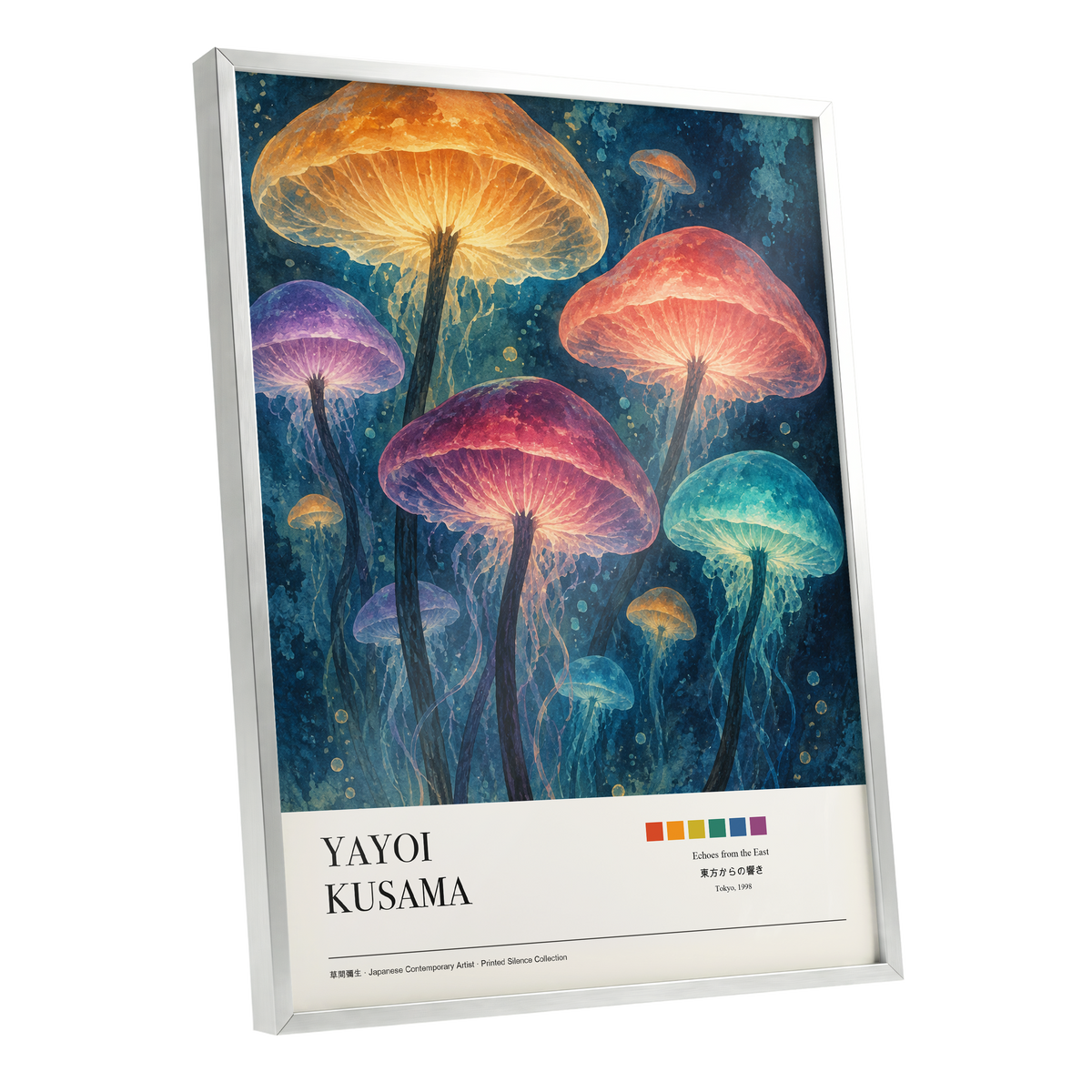 Lanterns of the Undergrowth, blue, orange, pink nature wall art shown as a silver framed poster wall art print