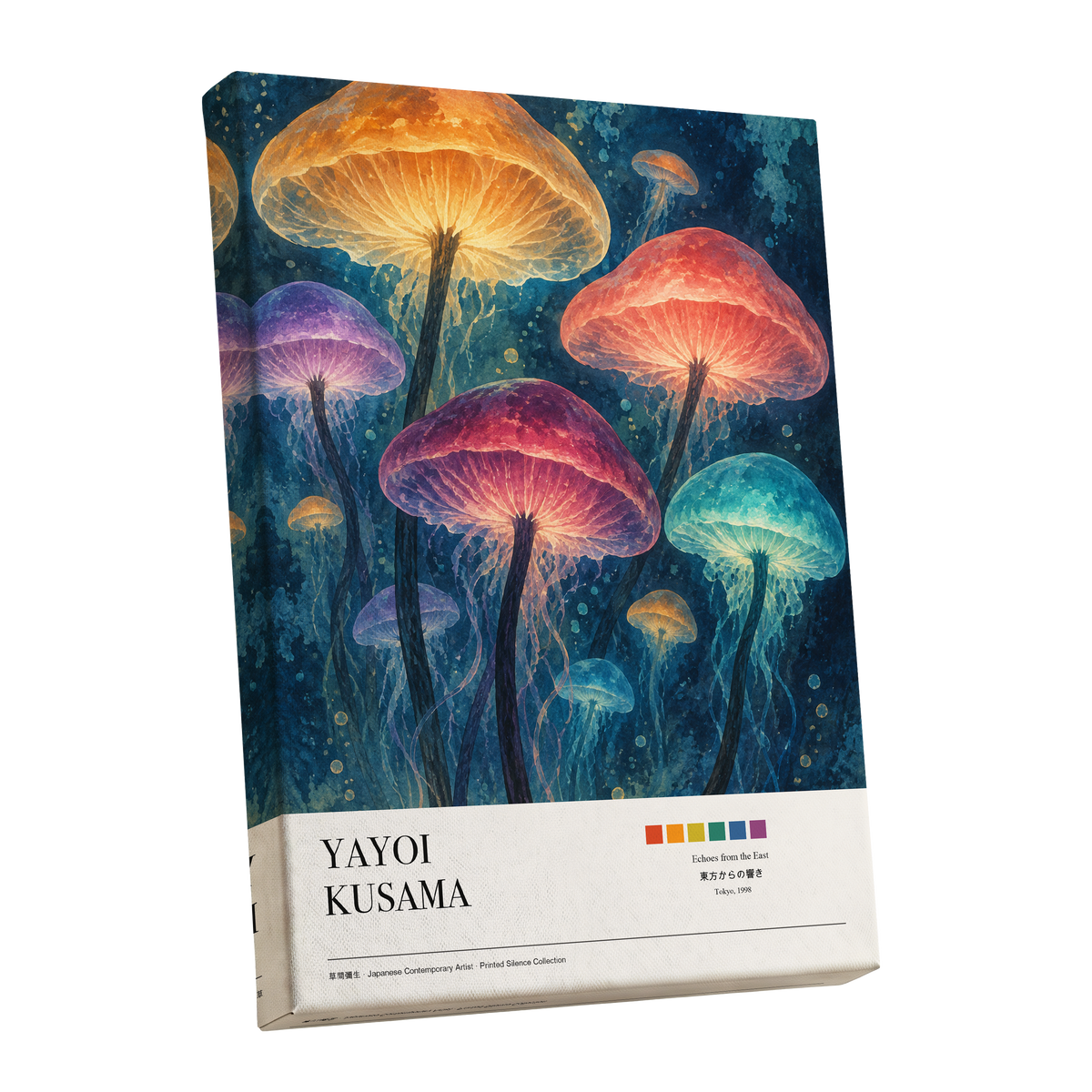 Lanterns of the Undergrowth, blue, orange, pink nature wall art shown as a stretched canvas wall art