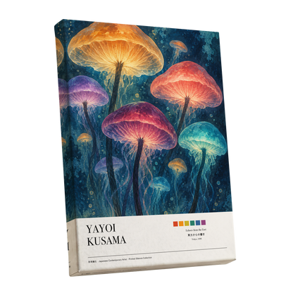 Lanterns of the Undergrowth, blue, orange, pink nature wall art shown as a stretched canvas wall art