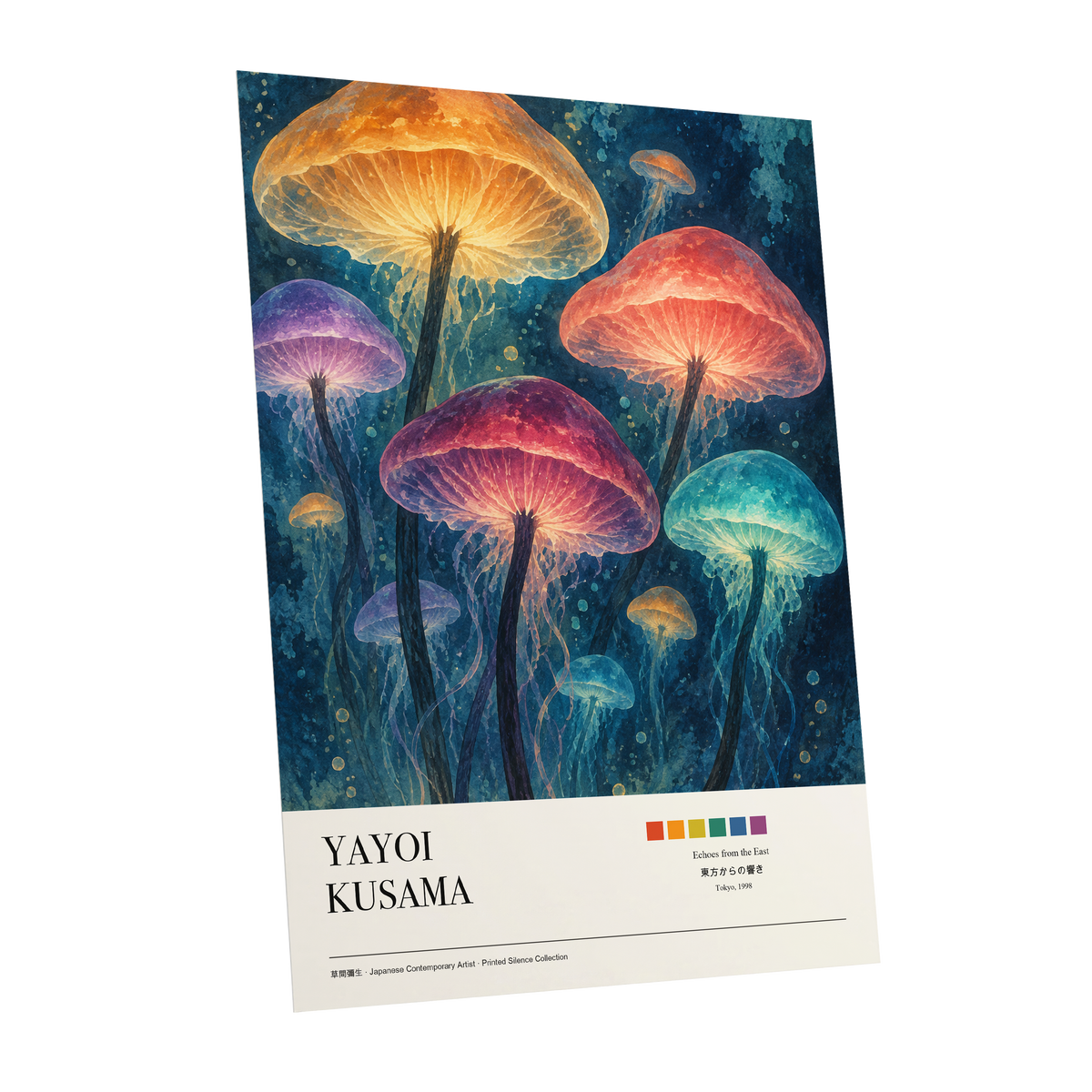 Lanterns of the Undergrowth, blue, orange, pink nature wall art shown as a unframed poster wall art print