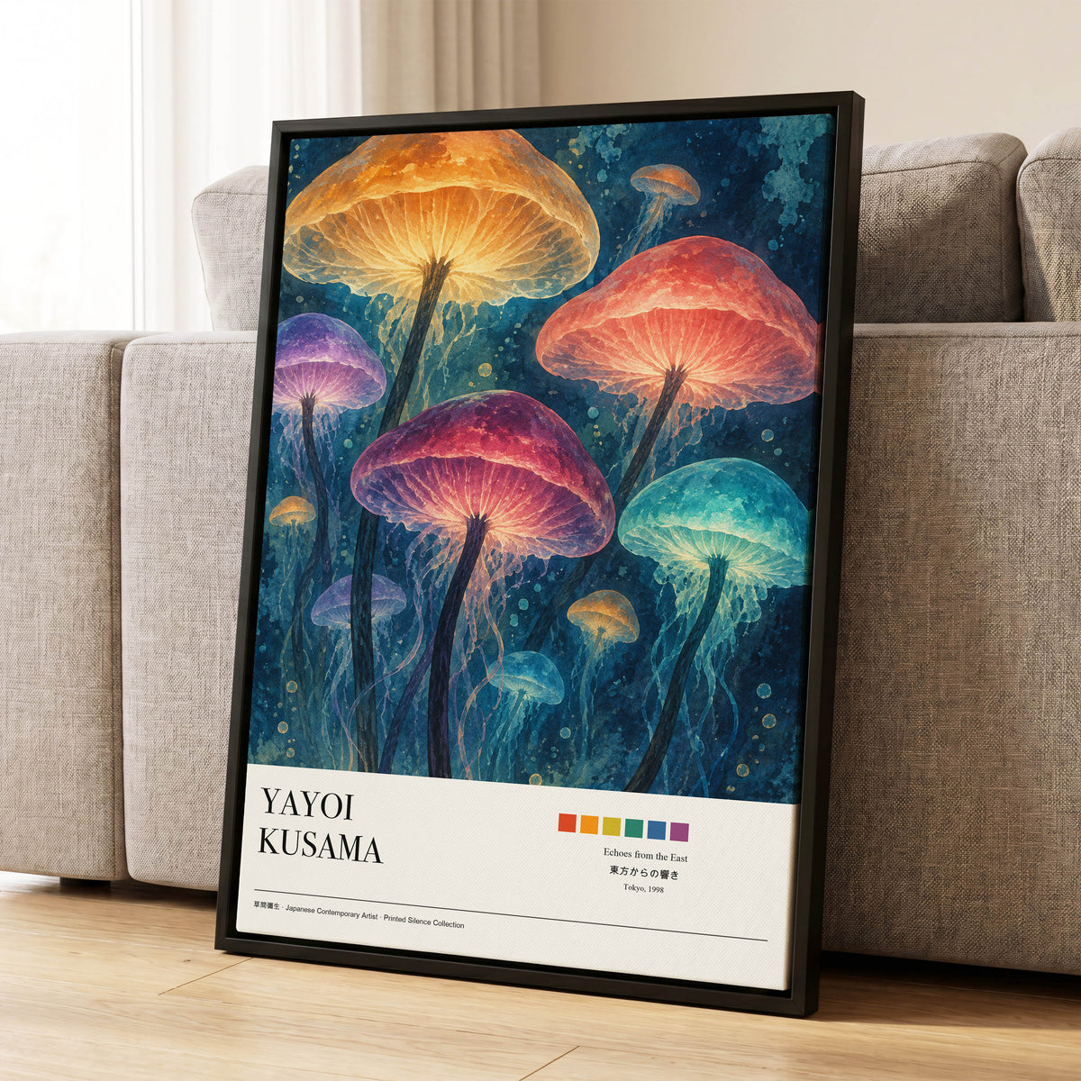 Lanterns of the Undergrowth, blue, orange, pink nature wall art displayed in a styled interior, gallery view 1
