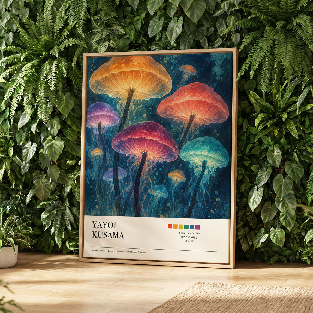 Lanterns of the Undergrowth, blue, orange, pink nature wall art displayed in a styled interior, gallery view 2