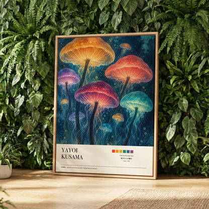 Lanterns of the Undergrowth, blue, orange, pink nature wall art displayed in a styled interior, gallery view 2