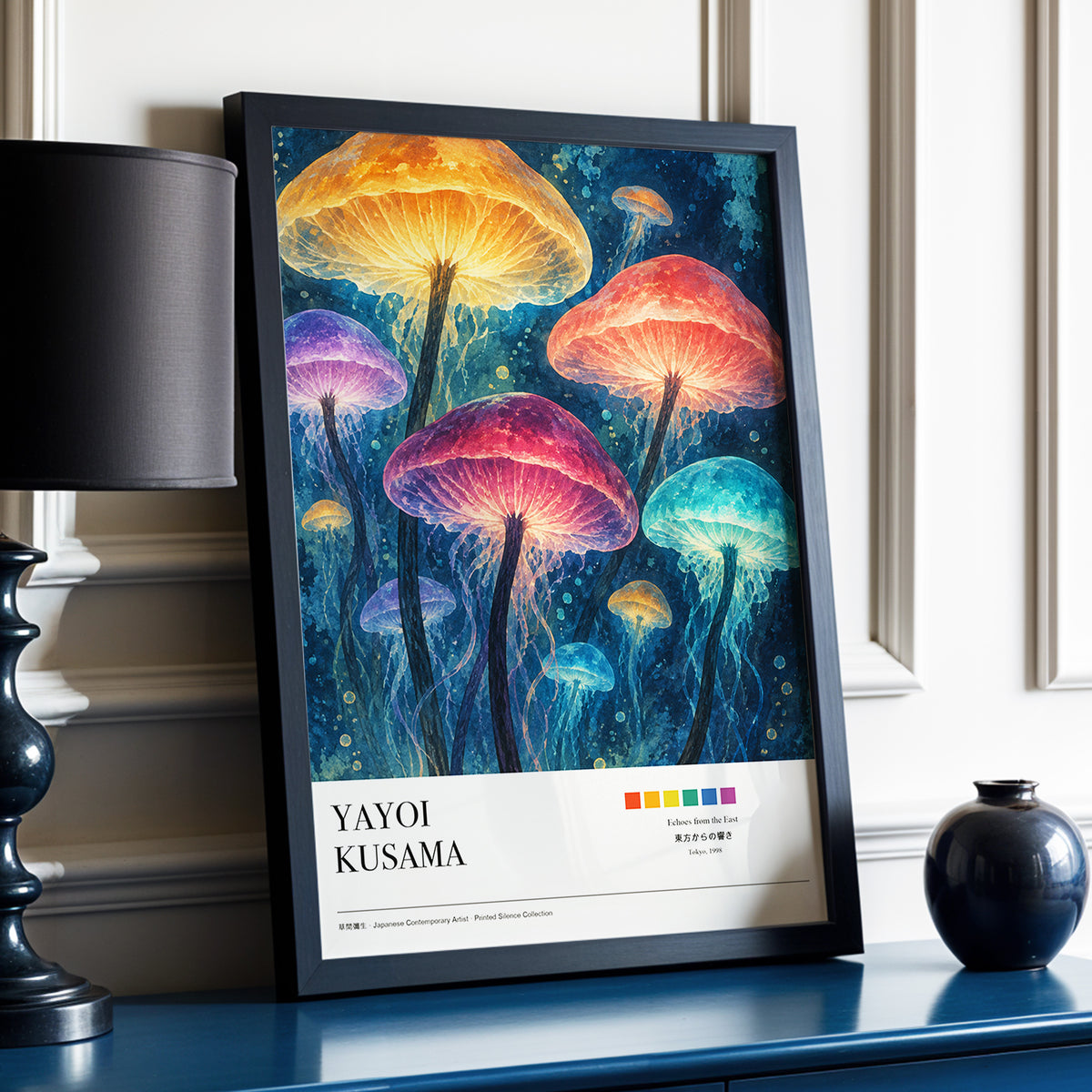 Lanterns of the Undergrowth, blue, orange, pink nature wall art displayed in a styled interior, gallery view 3