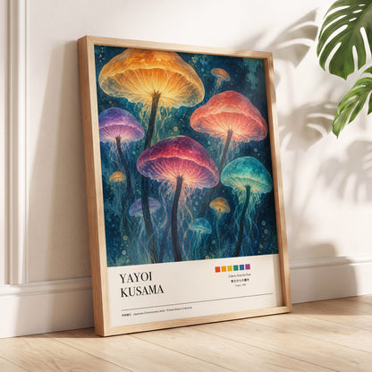 Lanterns of the Undergrowth, blue, orange, pink nature wall art displayed in a styled interior, gallery view 4