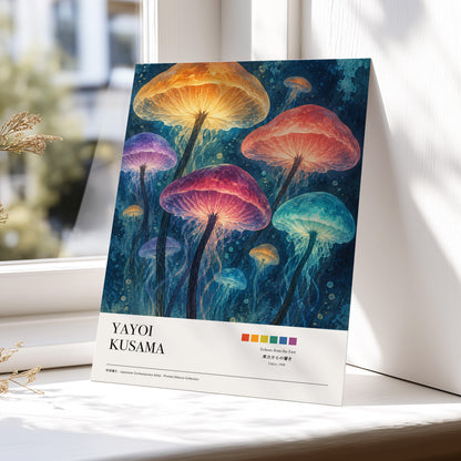 Lanterns of the Undergrowth, blue, orange, pink nature wall art displayed in a styled interior, gallery view 5