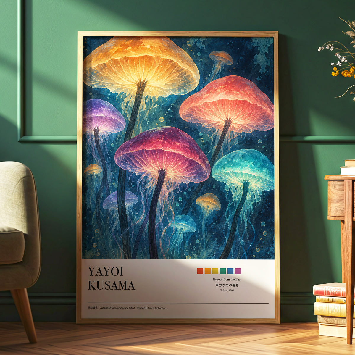 Lanterns of the Undergrowth, blue, orange, pink nature wall art displayed in a styled interior, gallery view 6