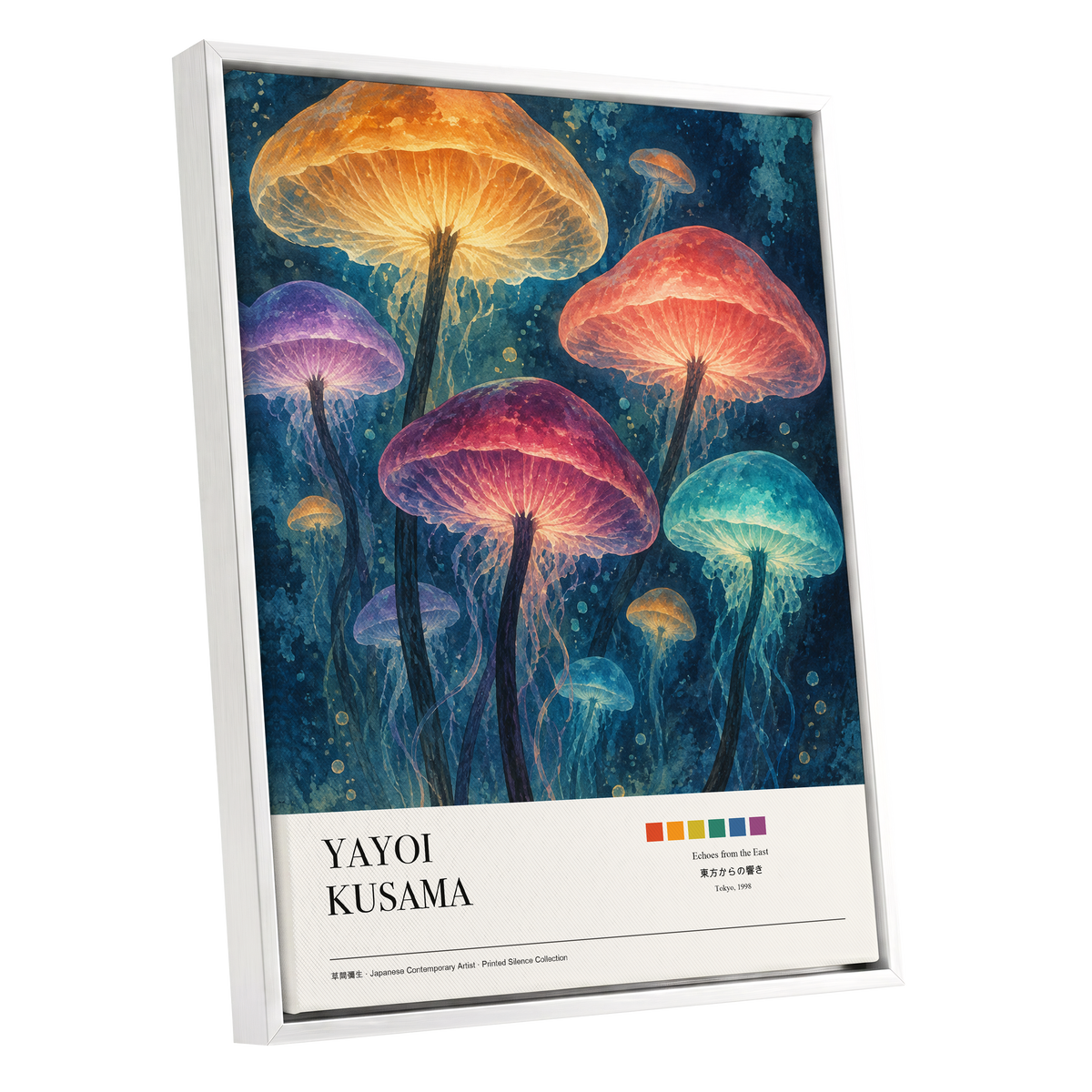 Lanterns of the Undergrowth, blue, orange, pink nature wall art shown as a white framed canvas wall art
