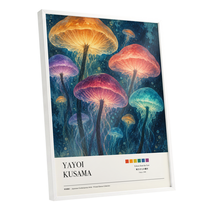 Lanterns of the Undergrowth, blue, orange, pink nature wall art shown as a white framed poster wall art print