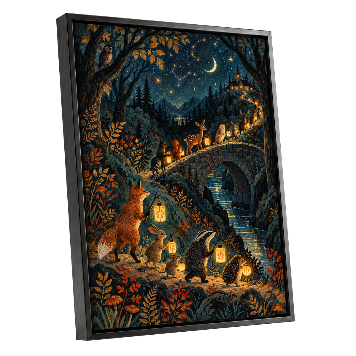 Lanternwood Procession, blue, black, gold nature wall art shown as a black framed canvas wall art