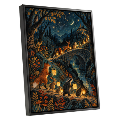 Lanternwood Procession, blue, black, gold nature wall art shown as a black framed canvas wall art