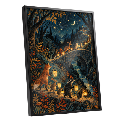 Lanternwood Procession, blue, black, gold nature wall art shown as a black framed poster wall art print