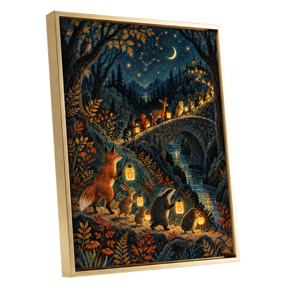 Lanternwood Procession, blue, black, gold nature wall art shown as a gold framed canvas wall art