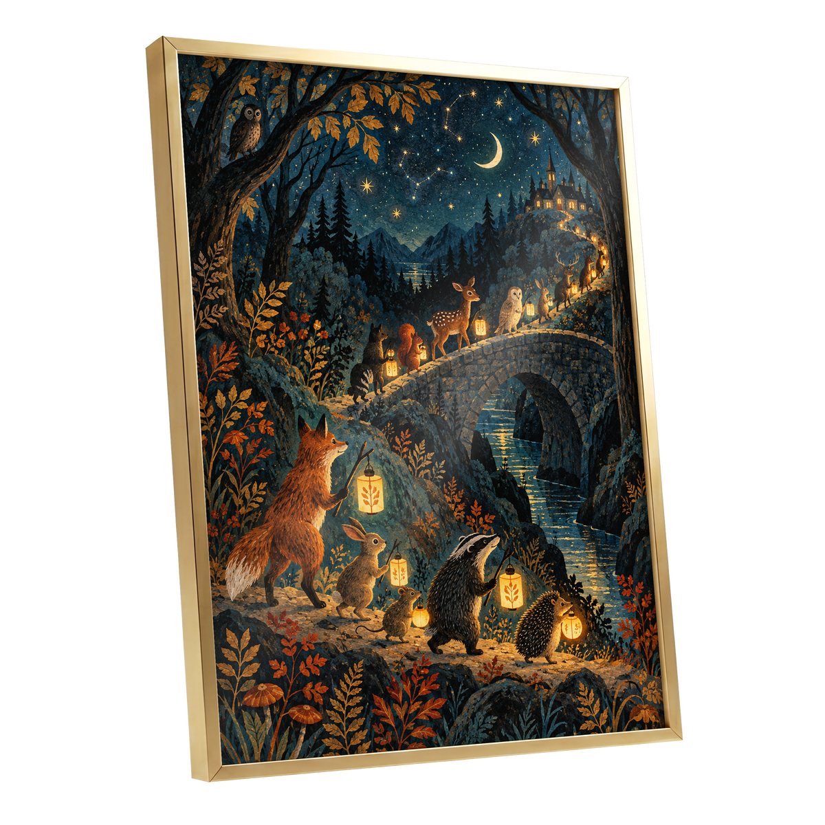 Lanternwood Procession, blue, black, gold nature wall art shown as a gold framed poster wall art print