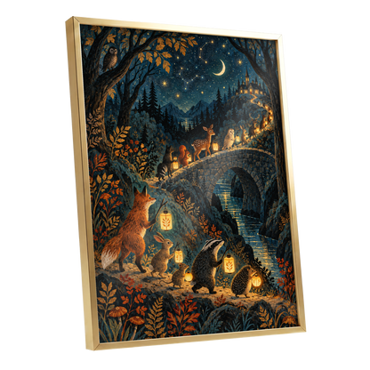 Lanternwood Procession, blue, black, gold nature wall art shown as a gold framed poster wall art print