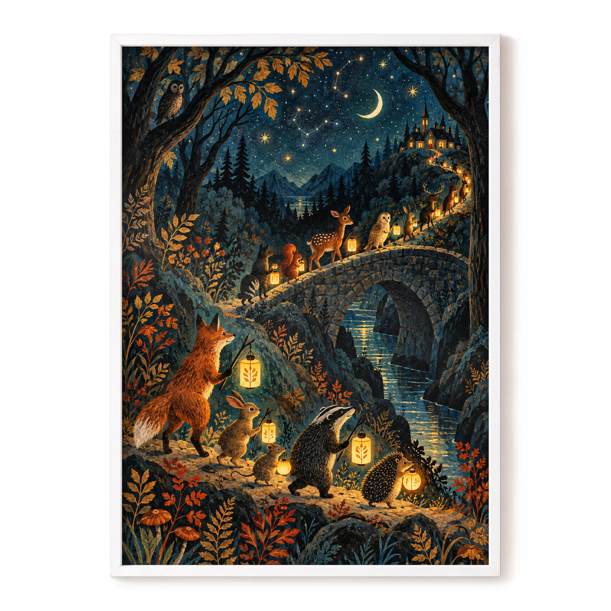 Lanternwood Procession, blue, black, gold nature wall art, front artwork view