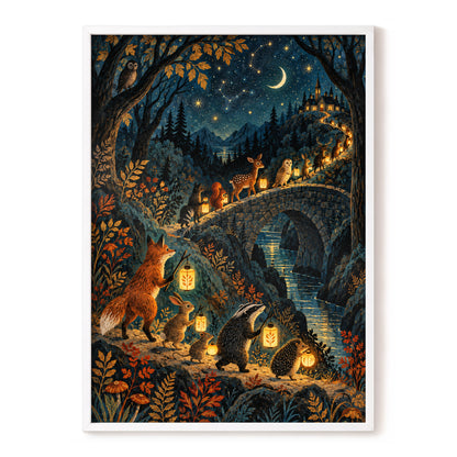 Lanternwood Procession, blue, black, gold nature wall art, front artwork view