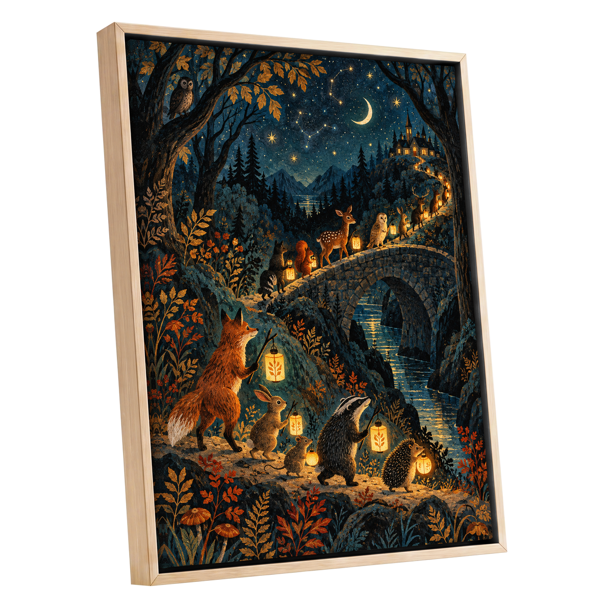 Lanternwood Procession, blue, black, gold nature wall art shown as a oak framed canvas wall art